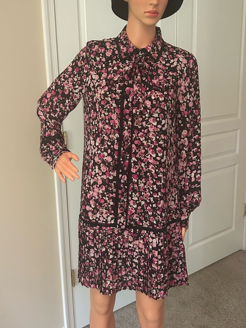 BCBG Black Floral Long-Sleeve Tie-Neck Dress with Pink Accents